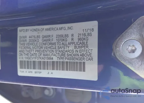 2019 Honda Accord Sport from USA, damaged, VIN 1HGCV1F37KA015664